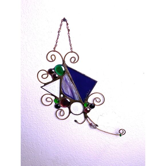 Caruso & Foschi Designs Signed Stained Glass, Natural Stone, Copper Suncatcher - Picture 2 of 16